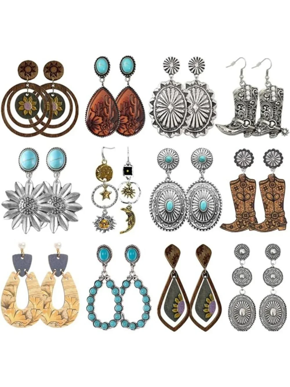 12 Pairs Vintage Boho Turquoise Dangle Earrings Set - Western Cowgirl Jewelry